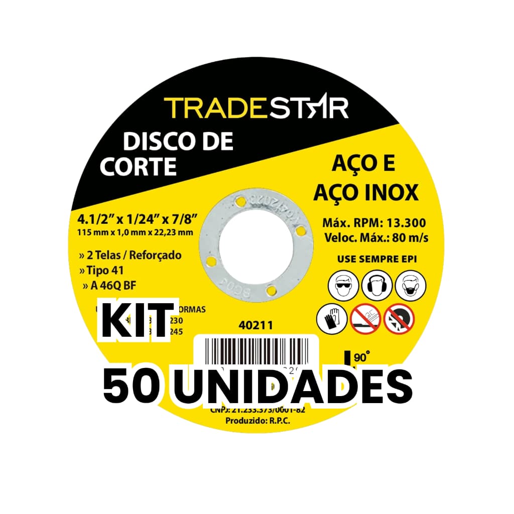 Kit 50 Disco de Corte 4.1/2” x 1/16” x 7/8” Aço e Inox Metal e Metalon Reforçado Tradestar 115mm