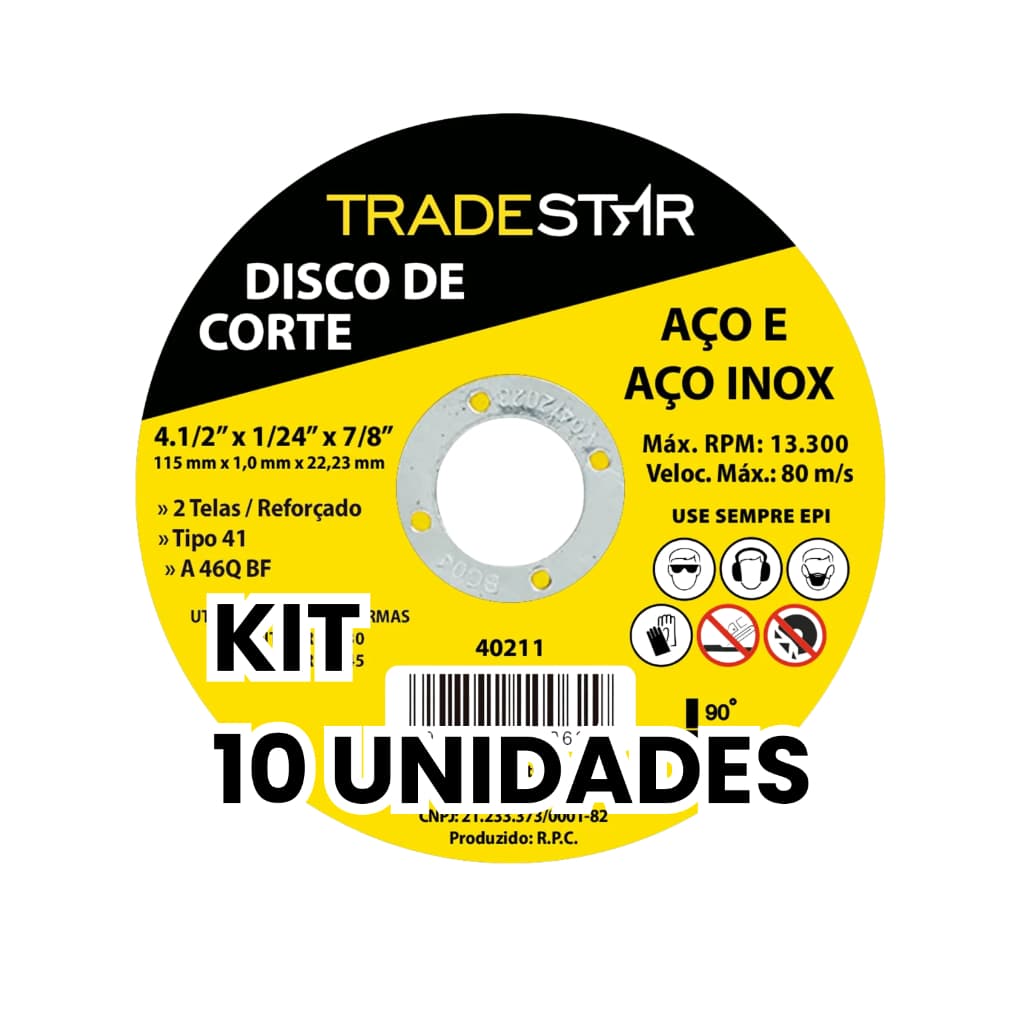 Kit 10 Disco de Corte 4.1/2” x 1/16” x 7/8” Aço e Inox Metal e Metalon Reforçado Tradestar 115mm
