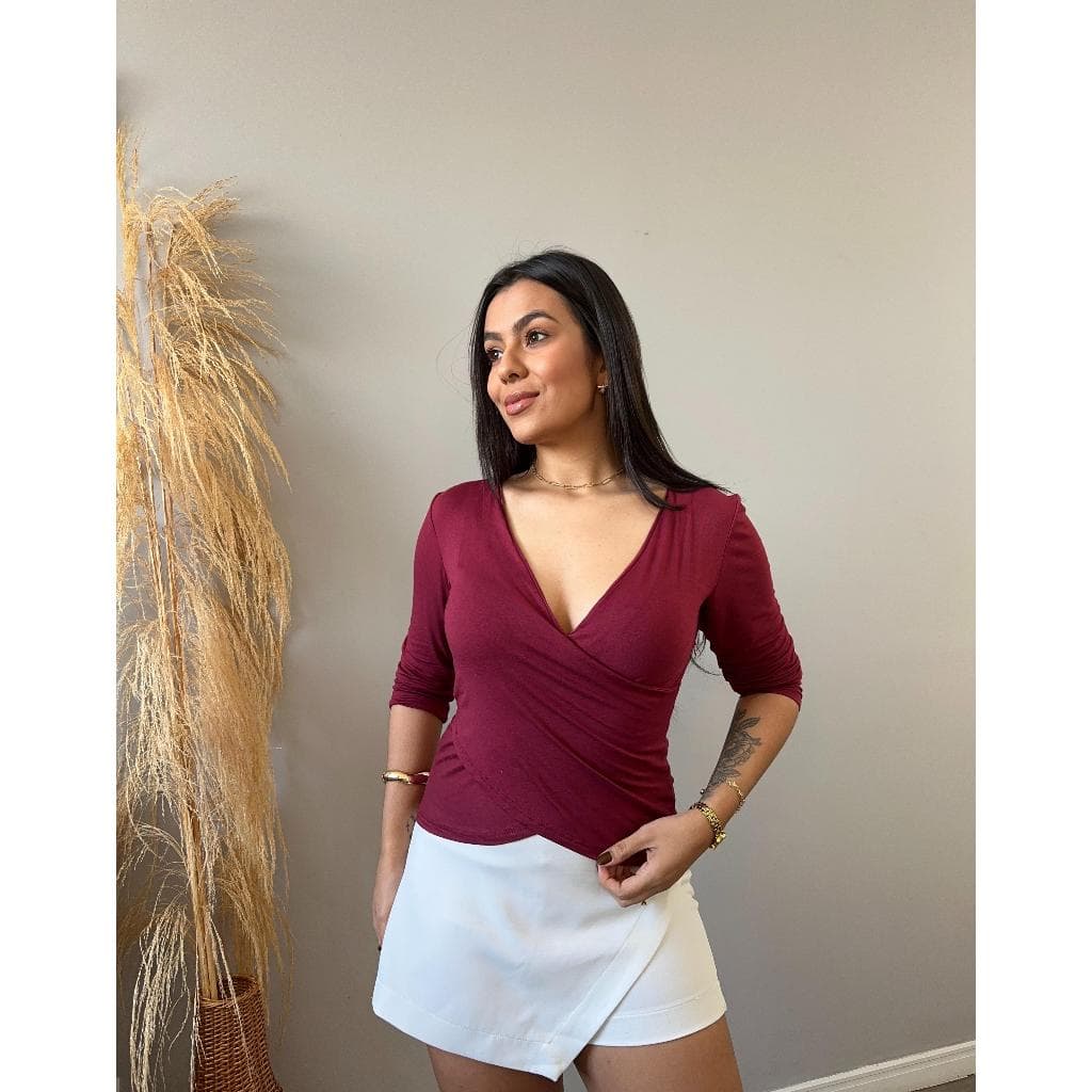 Blusa Feminina Manga Longa Transpassada Blusinha Casual Elegante