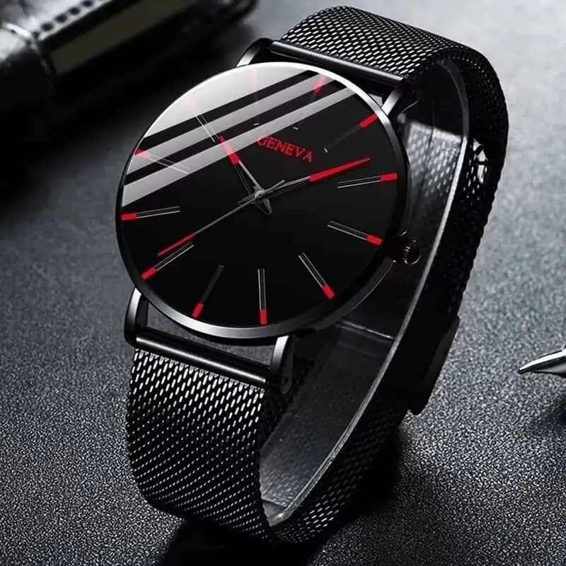 Relógio Quartzo Vermelho masculino Pulseira Aço Inoxidável luxo Estilo Social Elegante  minimalista