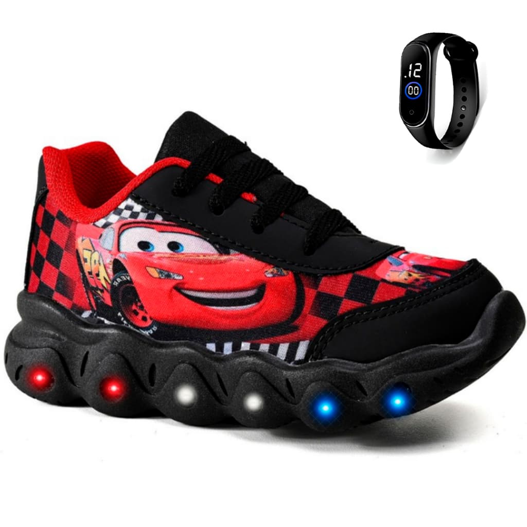 Kit Tênis Infantil Relâmpago McQueen Com Led + Relógio Infantil