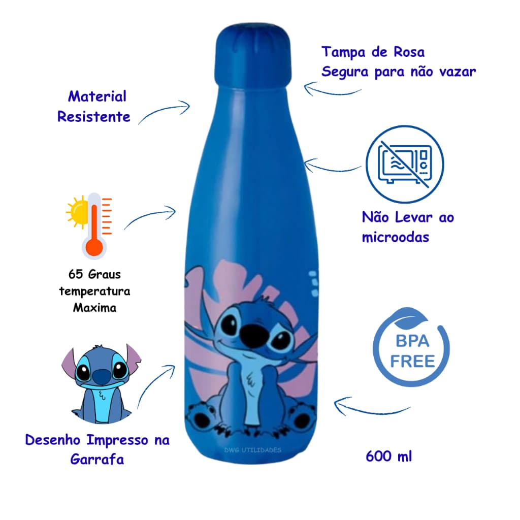 Garrafa Stitch de Água Infantil Squeeze Escolar Menino Menina Passeio