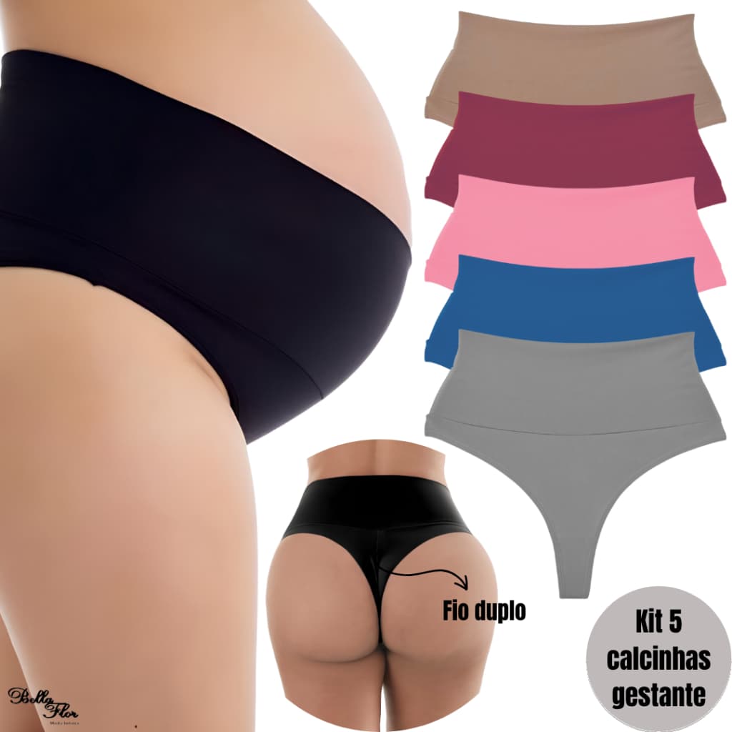 Kit 5 ou 3 Calcinhas Cós Alto Gestante Grávida Pós Parto Fio Duplo Não Marca Bella Flor