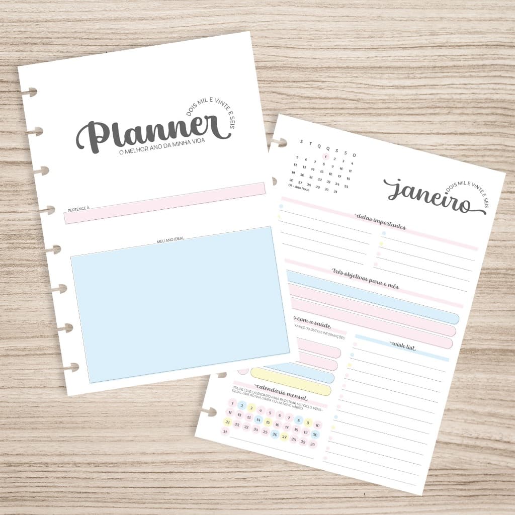 Refil Planner 2026 para Caderno de disco inteligente (Colegial - 9 furos)