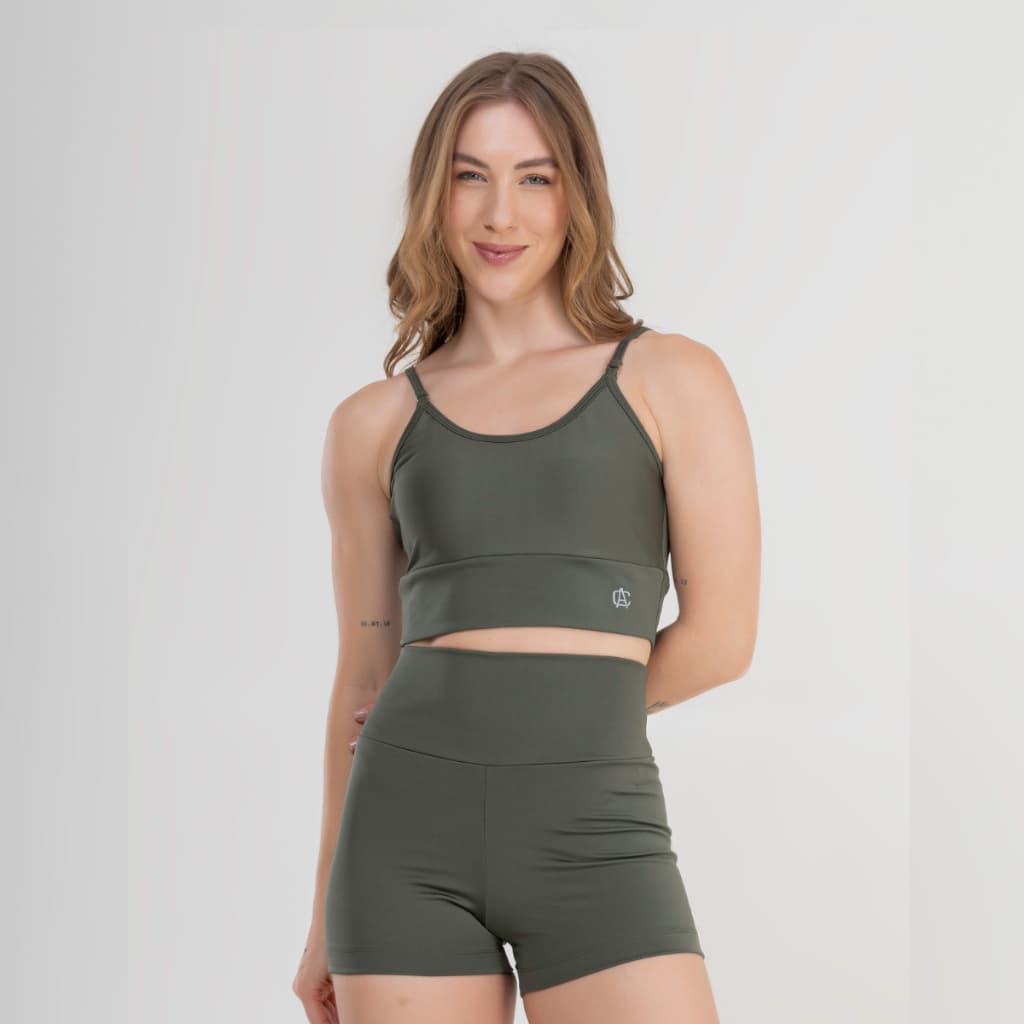 Short Fitness Academia Cintura Alta Zero Transparência Verde Militar