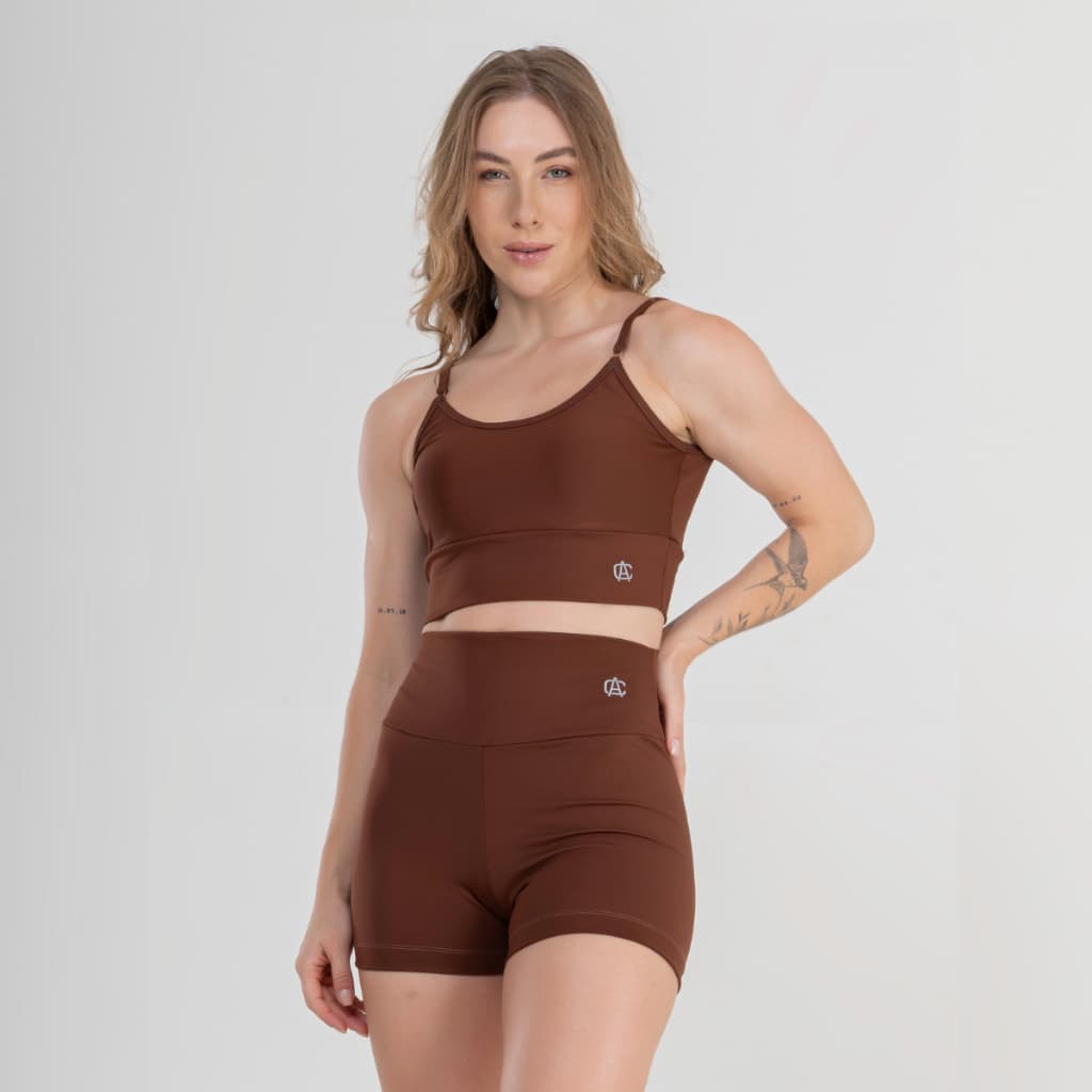 Short Fitness Academia Cintura Alta Zero Transparência Marron-Capuccino