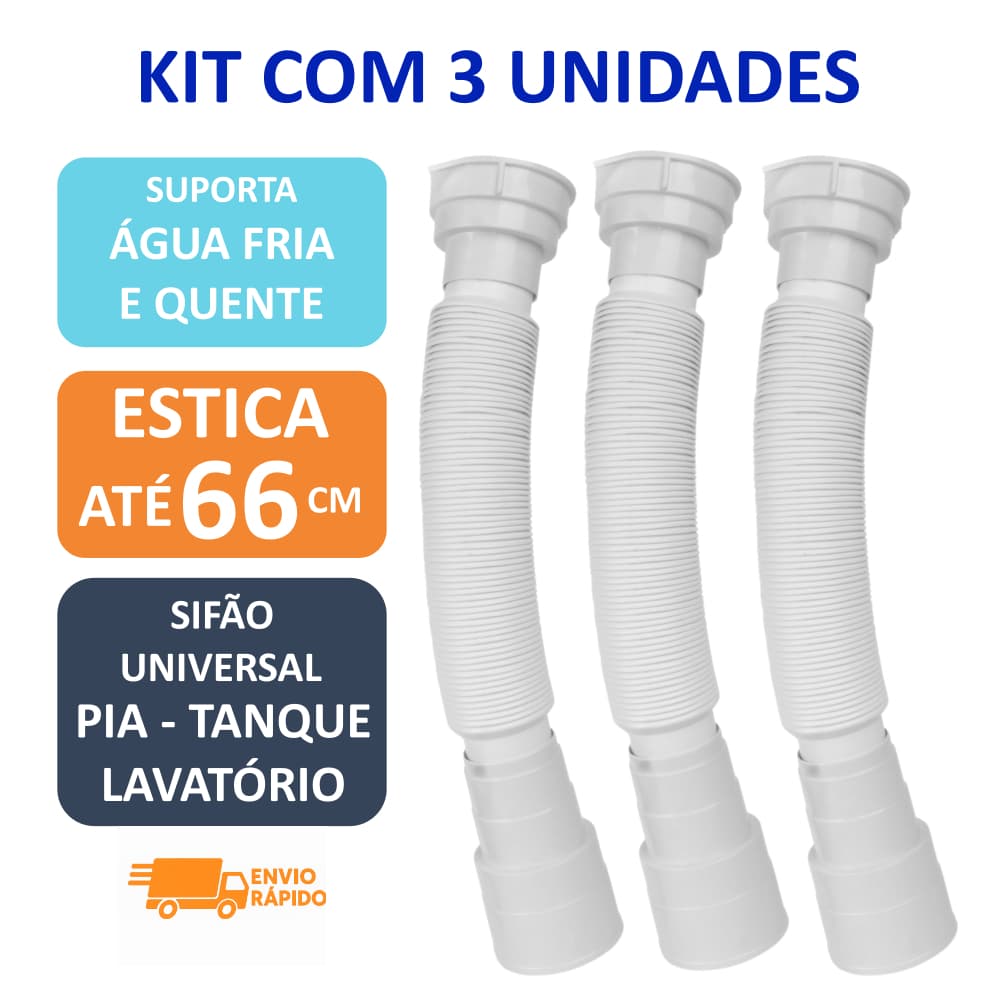 Sifão Pia Cozinha - Tanque - Lavatório Ajustável Universal – Kit com 3 - Água Quente e Fria -  Até 66 cm