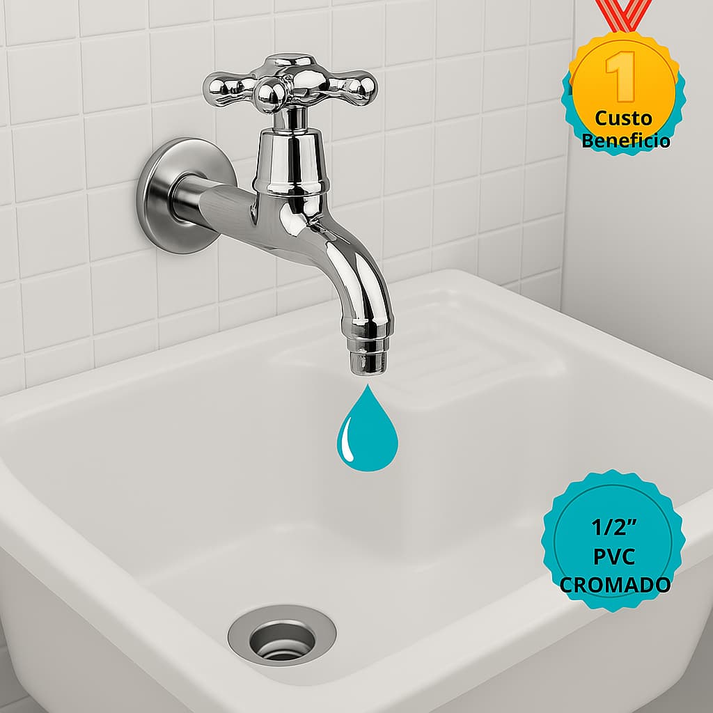 Torneira Longa PVC Cromada 1/2 para Lavanderia Jardim Uso Externo Alta Durabilidade Fácil Instalação