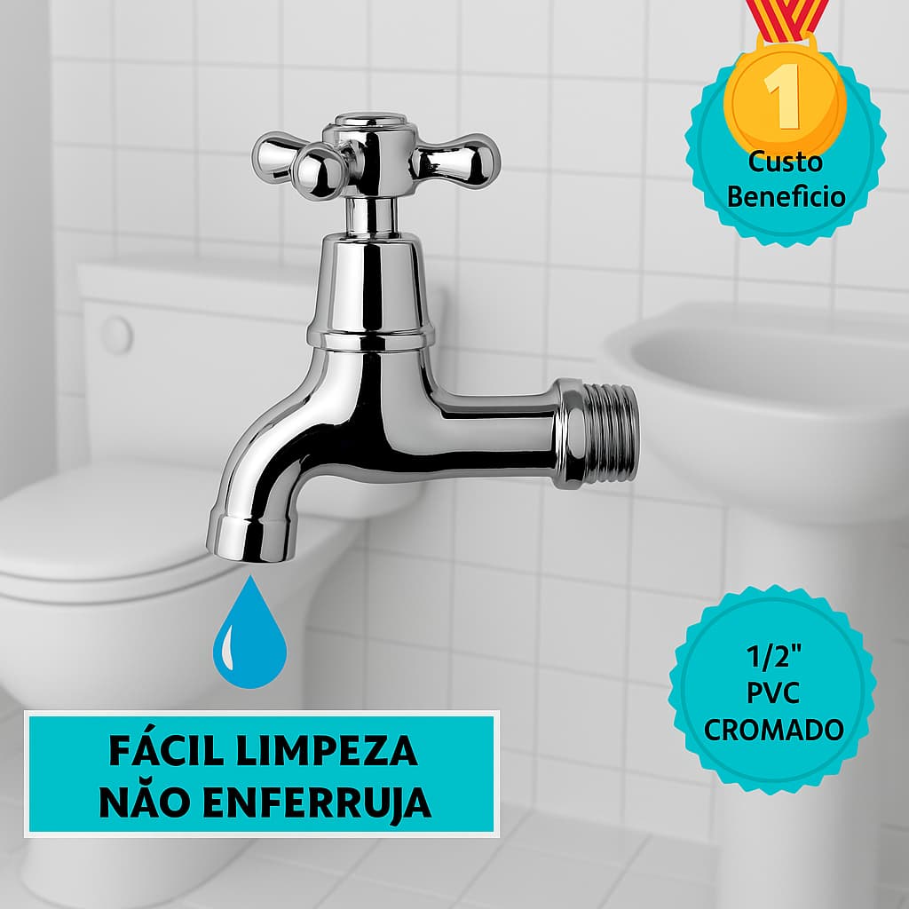 Torneira PVC Cromada 1/2'' Curta  Ideal p/ Lavanderia, Tanque, Jardim e Área Externa