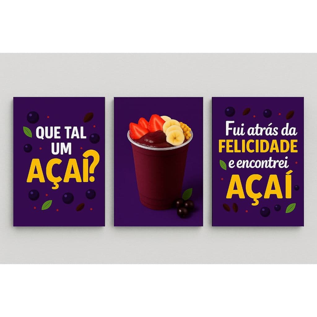 Quadro Decorativo Açaí No Copo Frase Kit 3 Peças MDF Para Açaíteria
