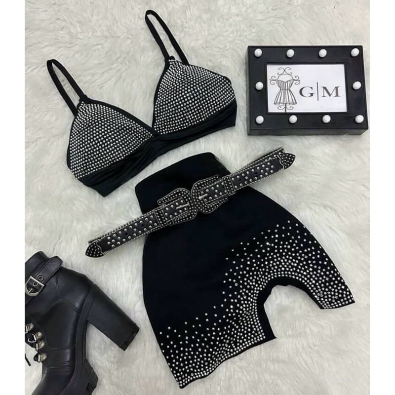 Conjunto Cropped Pedraria e Saia Fenda
