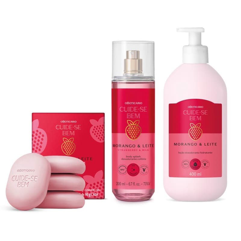 Kit Cuide-se Bem Morango e Leite: Loção Corporal 400ml + Body Splash 200ml + Sabonetes em Barra 4x80g cada
