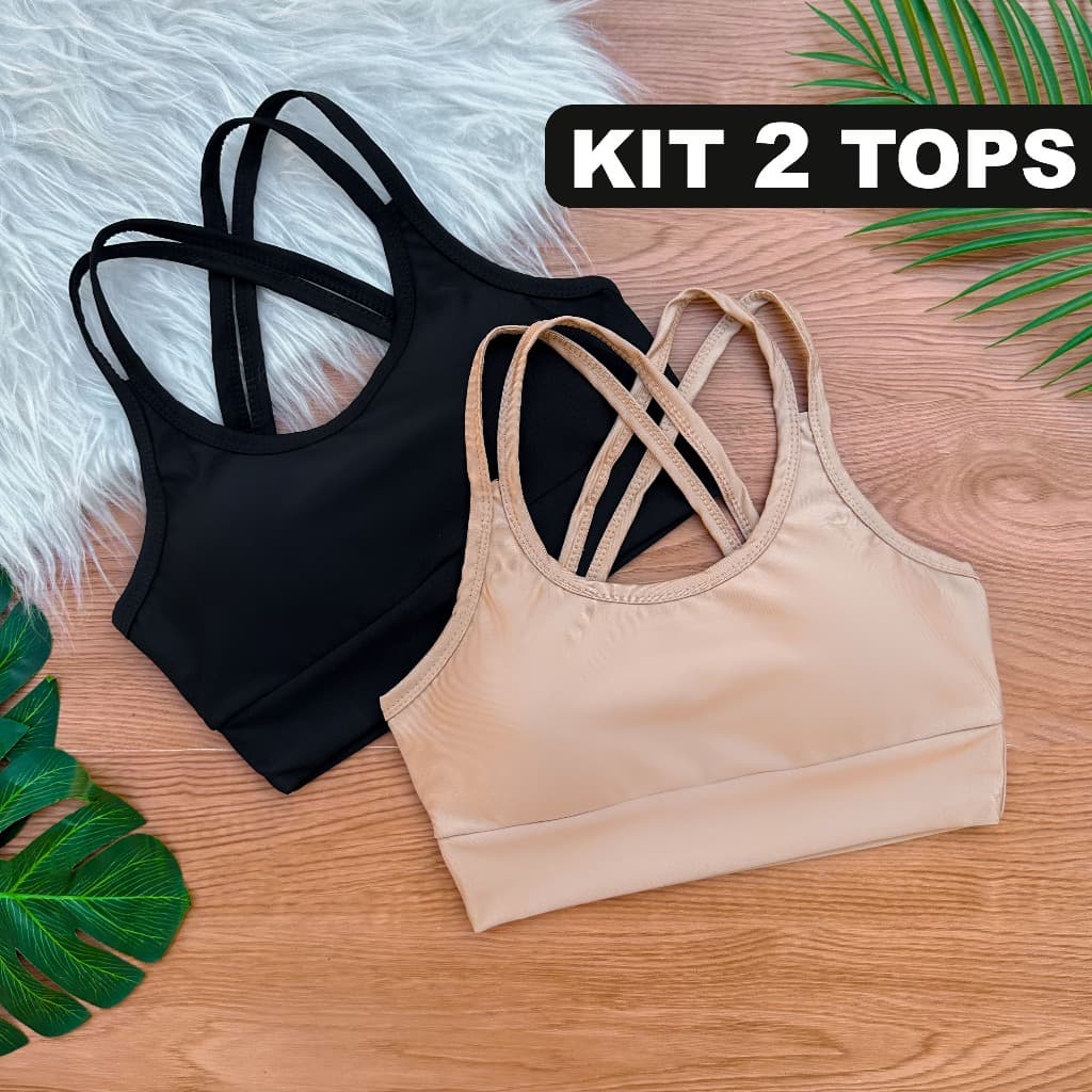 Kit 2 Top Fitness Feminino de Academia Alcinha Dupla Forrado Cruzado nas Costas com Bojo Removível Varias Cores