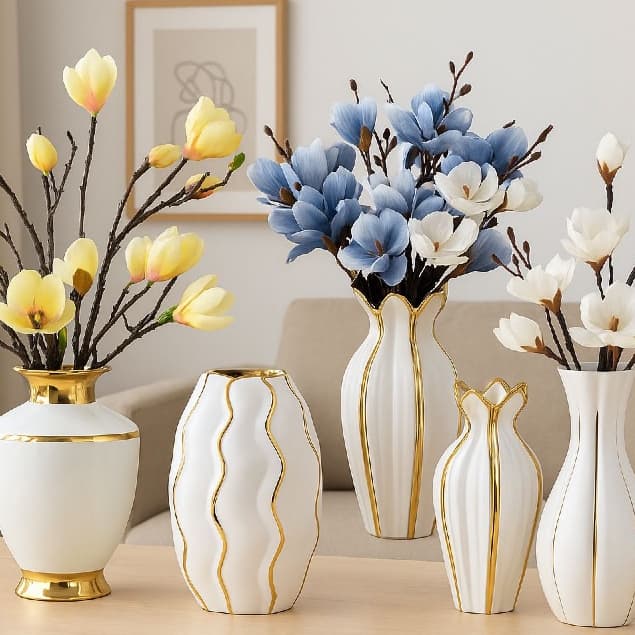 Vaso De Porcelana Luxo Para Plantas Com Listras Douradas Minimalista Decorativo