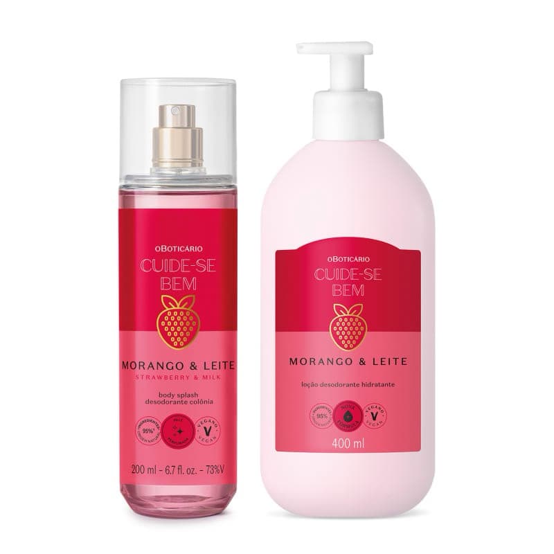 kit Cuide-se Bem Morango e Leite: Loção Corporal 400ml + Body Splash 200ml