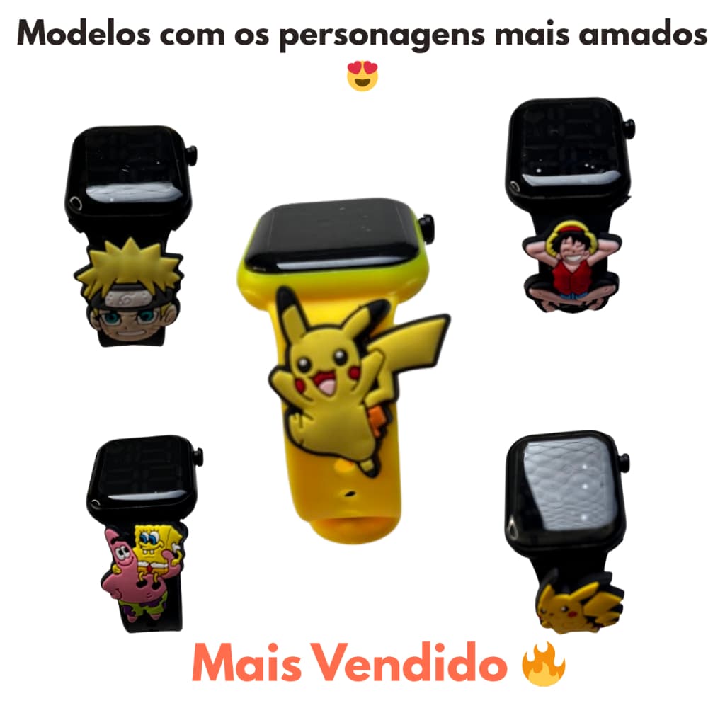 Relógio Infantil Digital Menino Pokémon Pikachu Naruto Bob Esponja Criança