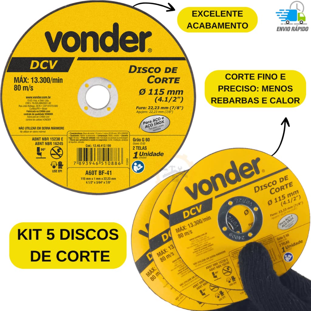 Kit com 5 Discos Corte Inox 4.1/2 (115x1mm) 2 Telas Vonder-Cortes Rápidos e Excelente Acabamento