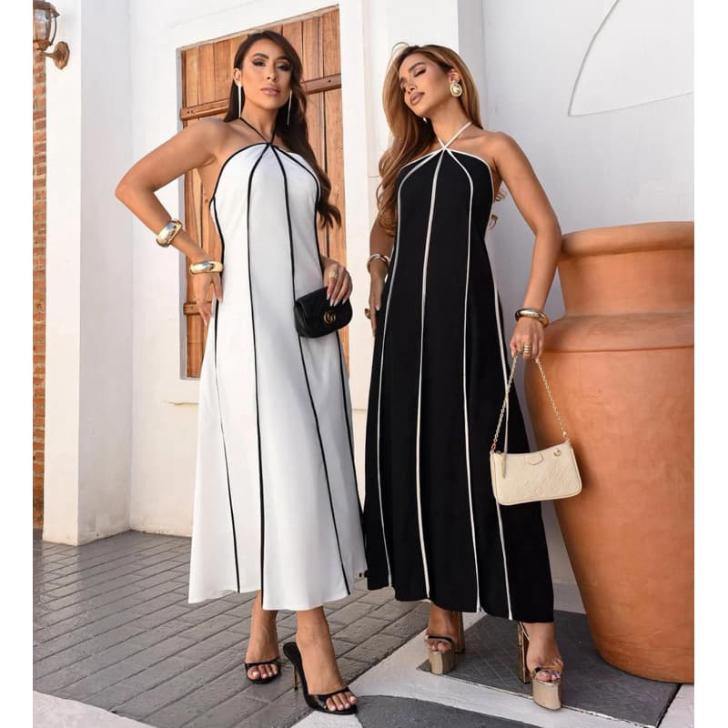 Vestido Premium Listrado Feminino Frente Única Longo Amarração Tendência 2025