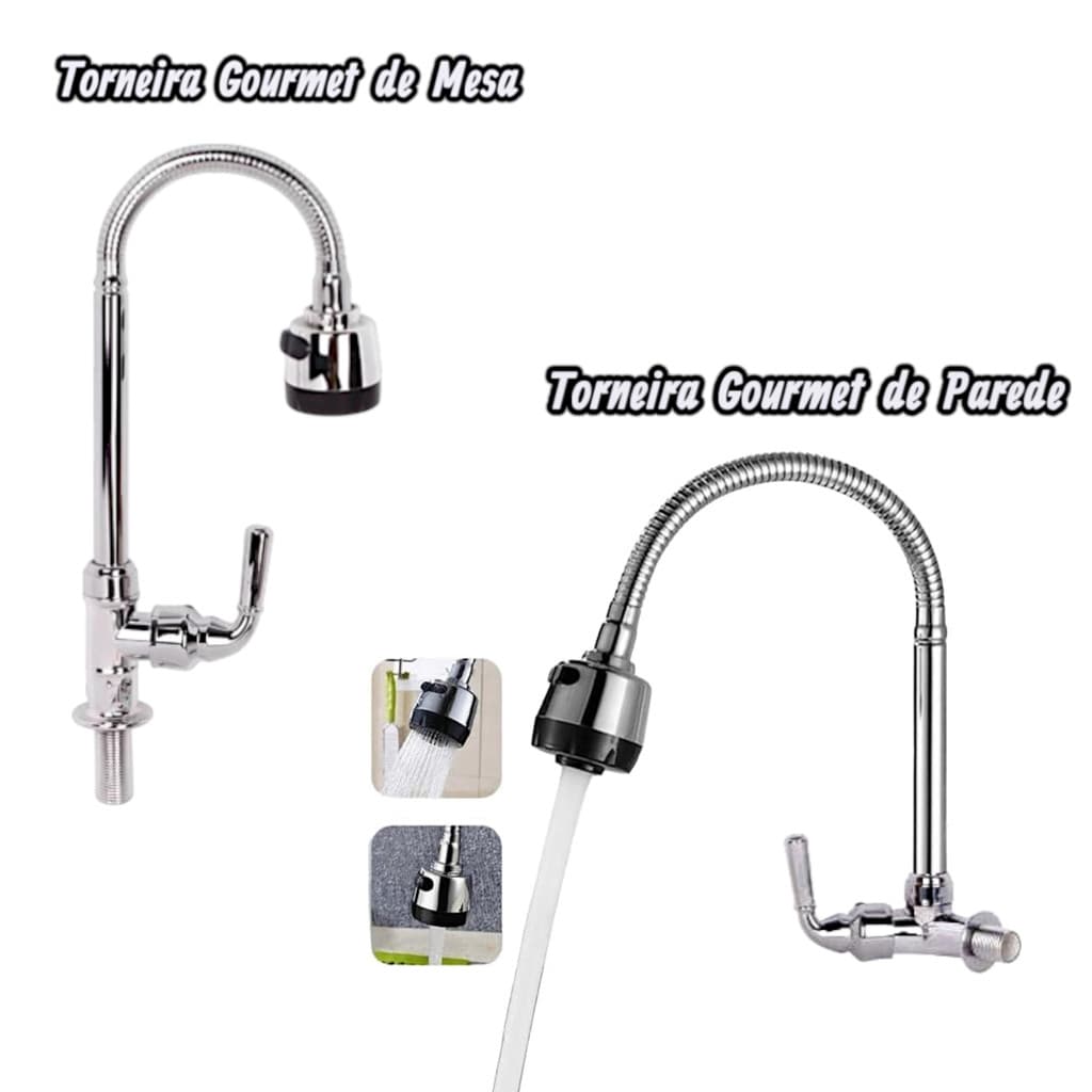 Torneira Gourmet Flexível de Parede ou de mesa em Inox 100% Metal Chuveirinho Duplo Jato Bica Móvel