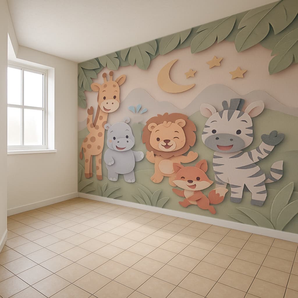 Papel de Parede Tema Safari Raf para quarto de Bebê Fofo + Nome  M² parede total