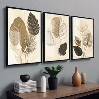 Quadros Decorativo 3 peças 60x40 Mosaico Mdf Alta Resolução Full HD Trio Folhagem Folhas Neutro Moderno