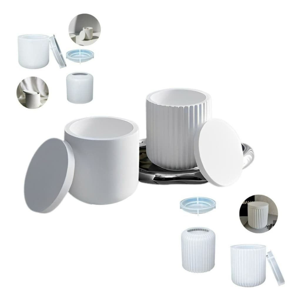 Kit 2 Moldes Silicone Pote com Tampa Liso e Canelado para Vela Gesso
