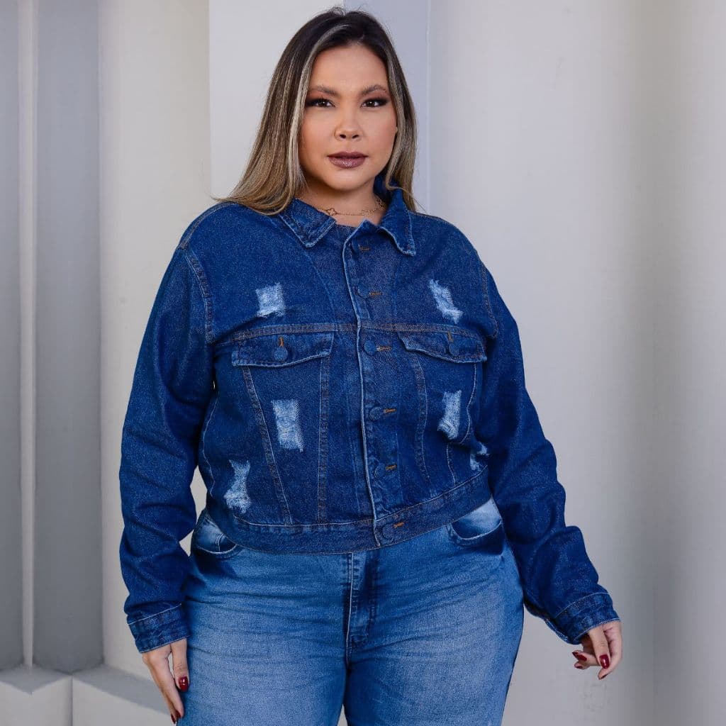 Jaqueta Jeans Plus Size Femininina Destroyer Rasgada Premium