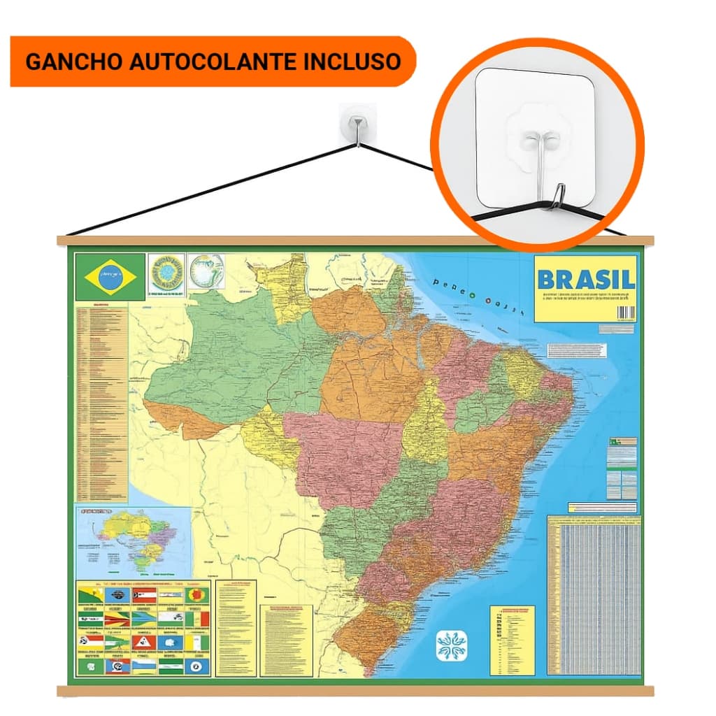 Mapa Brasil Banner ed. 2026 Laminado 120x90cm + Gancho Autocolante Pronto para pendurar