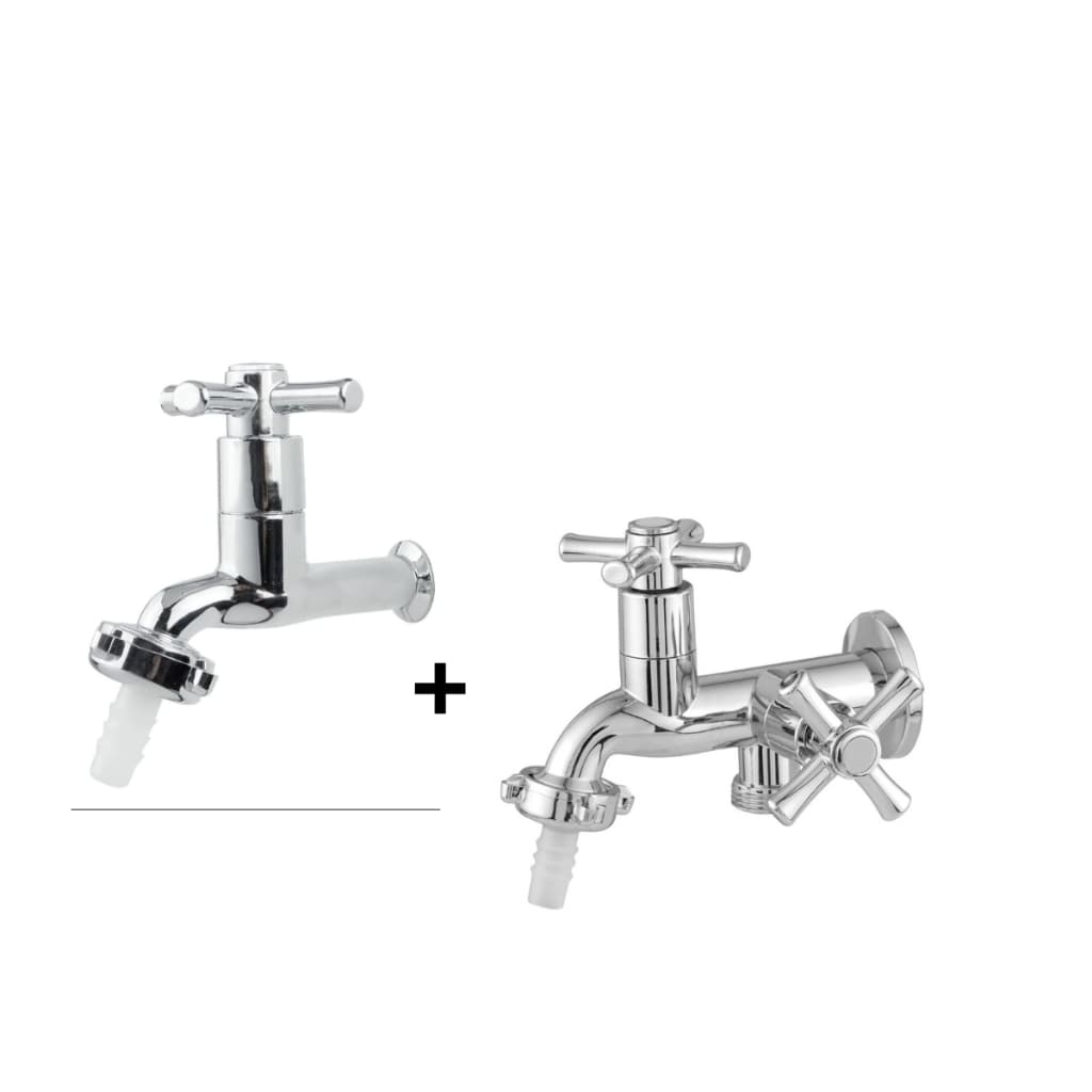 Torneira Jardim/Tanque ABS Cromada Parede 1/4 de Volta + Torneira Tanque Duas Saídas Maquina  Lavar