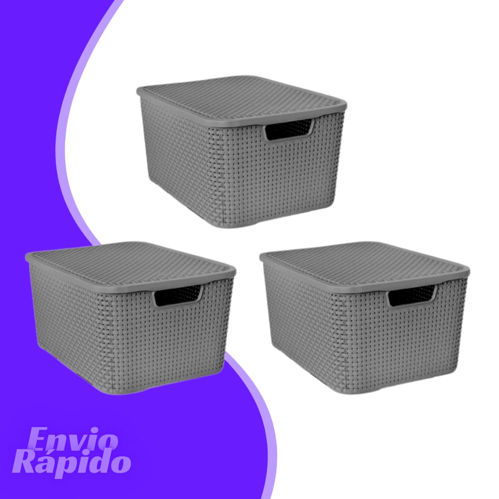 3x Caixa Rattan 7 Litros Plastico Multiuso Organizador C/tampa Empilhavel Banheiro Cozinha Quarto