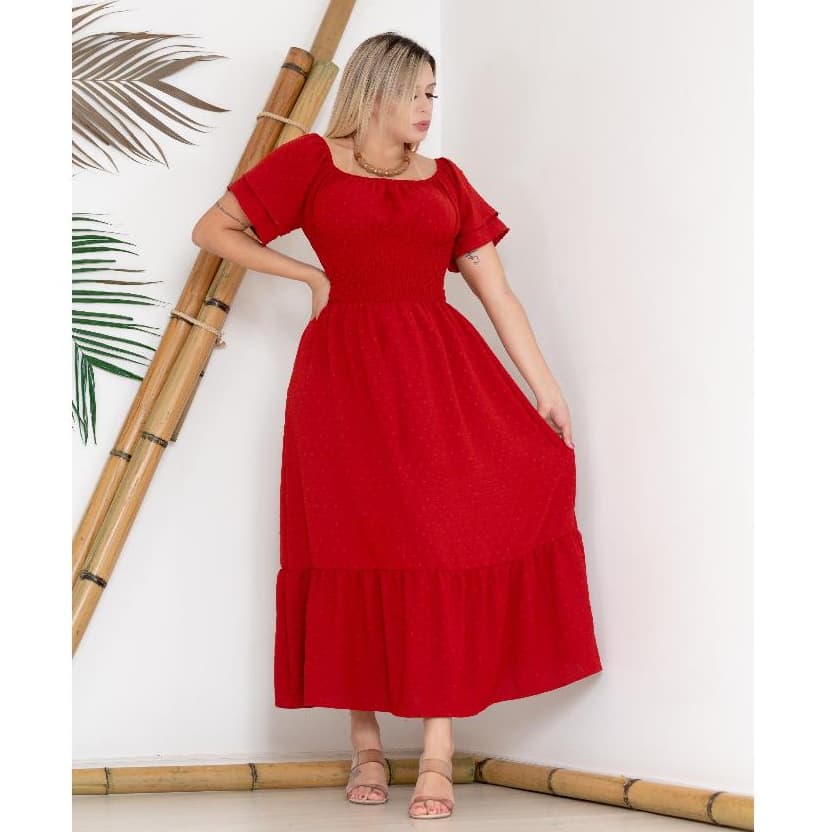 VESTIDO LASTEX MIDI TRES MARIAS CIGANINHA OMBRO A OMBRO DUNA MANGA CURTA EVANGELICO CASAMENTO