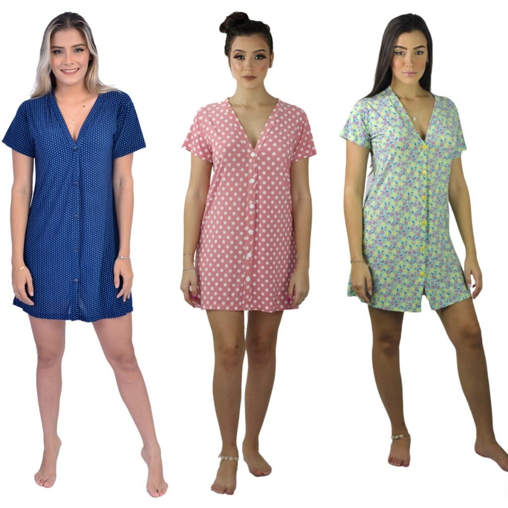Kit 3 Camisola Aberta Botões Pós Parto Cirúrgica Amamentação