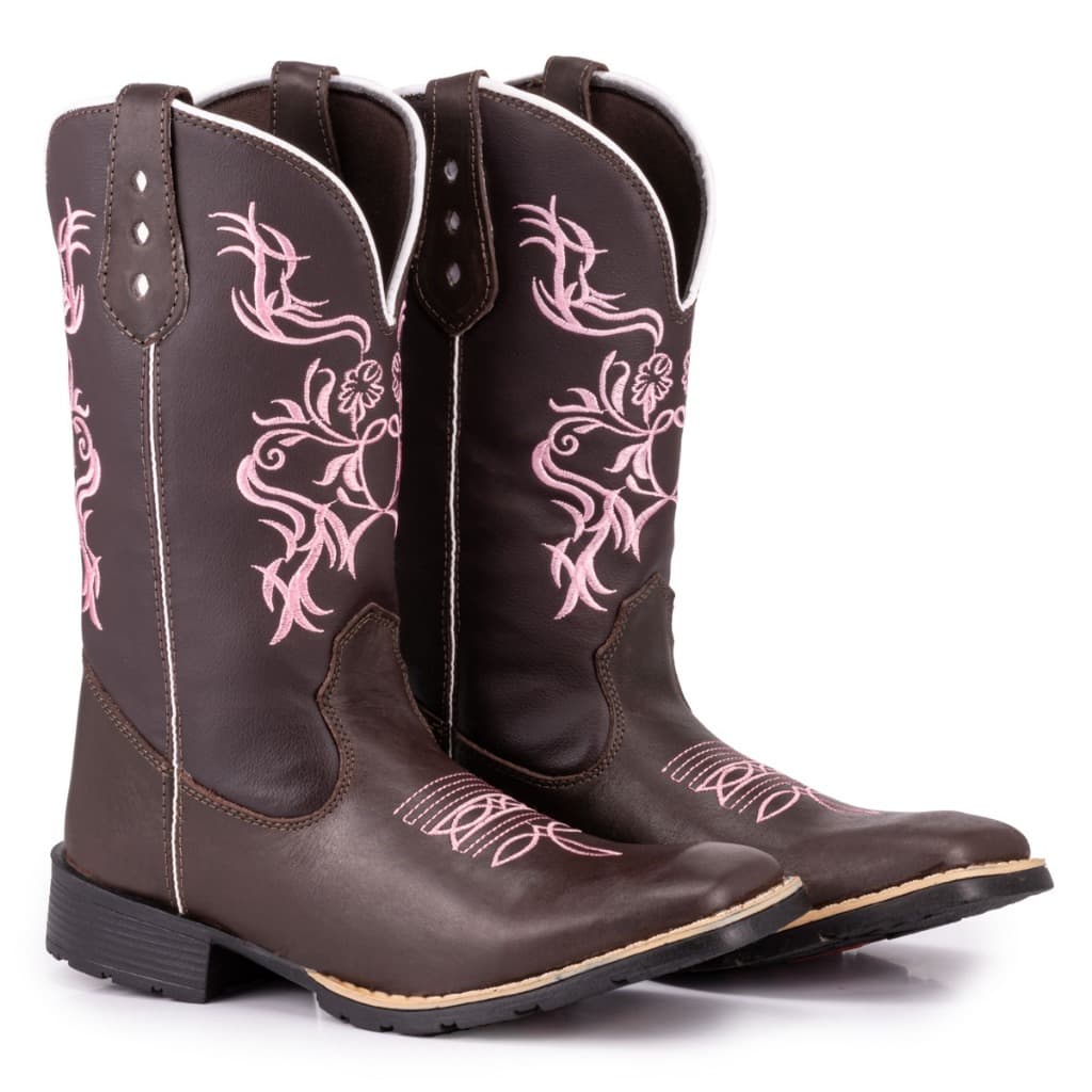 Bota Texana Country Feminina Tribal Rosa Bico Quadrado Solado De Borracha