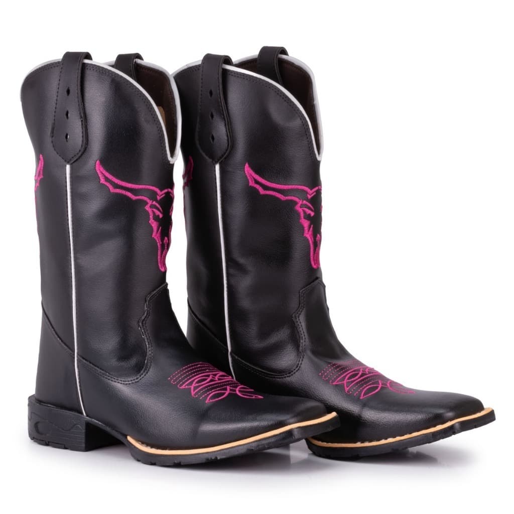 Bota Texana Feminina Country Bico Quadrado Touro Pink
