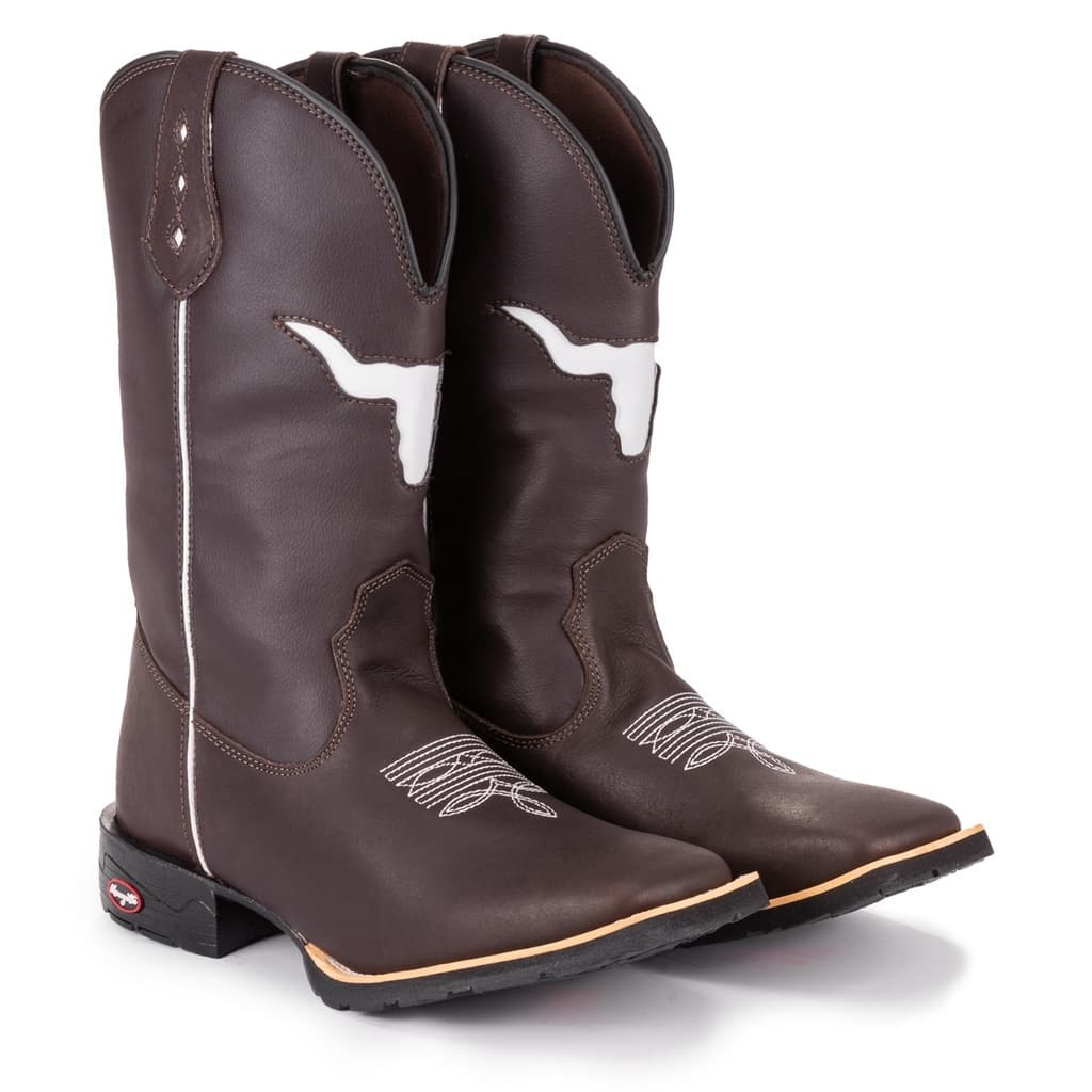 Bota Texana Masculina Country Bico Quadrado Bordado Touro Vazado