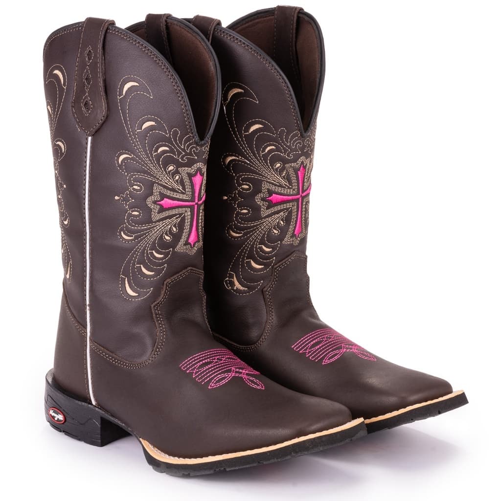 Bota Texana Feminina Cruz Rosa Bico Quadrado Country