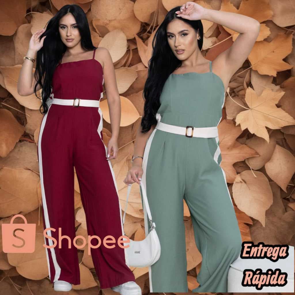 Macacão Alfaiataria Feminino Com Listras Laterais, Com Cinto Moda Mulher Envio Rapido