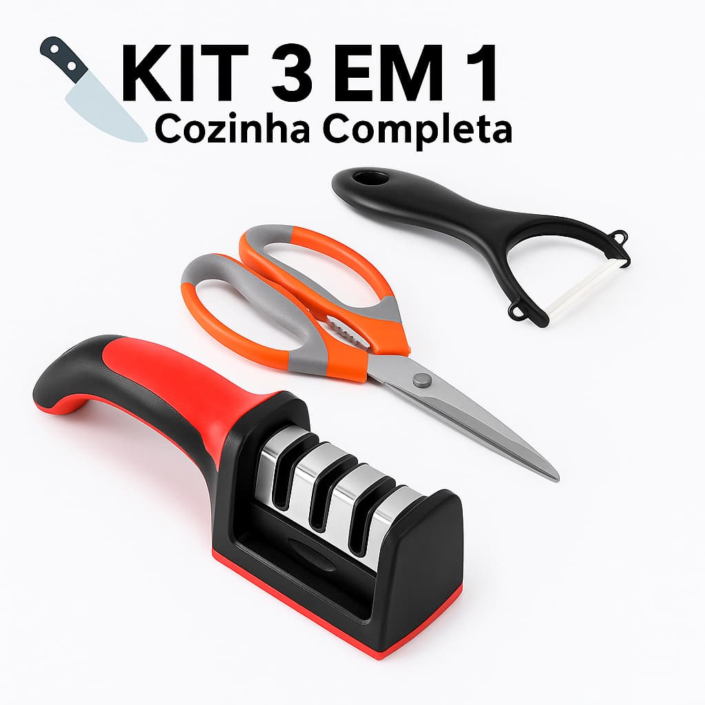 KIT Cozinha 3 em 1 Tesoura + Amolador + Descascador Profissional