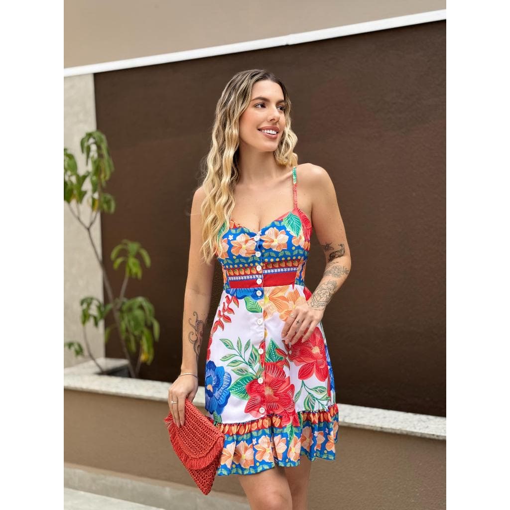 Vestido Curto Com Alça E Botoes Soltinho Estampado   bloquinho carnaval 2026 look folia primavera/verão