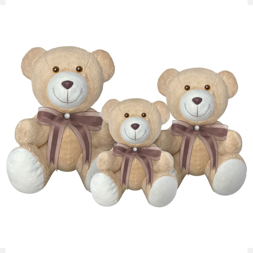 Trio De Ursinhos De Pelúcia Articulado Com Laço - 15, 20 e 25cm