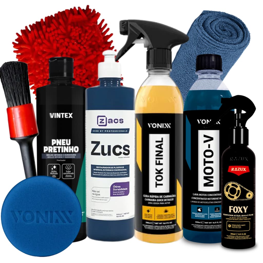 Kit Completo Para Lavagem de Moto Shampoo Moto-V Cera Tok Final Pneu Pretinho Foxy Zucs