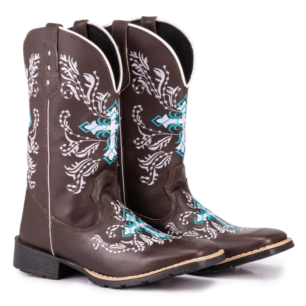 Bota Texana Feminina Country Bico Quadrado  Solado De Borracha Cruz Azul Espelhada