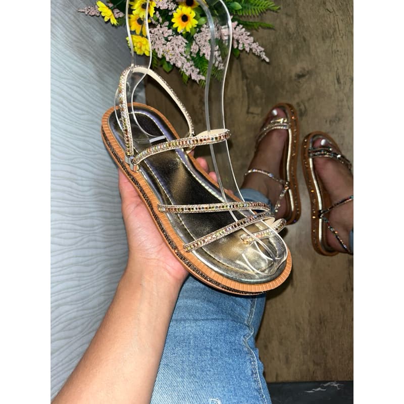 Sandália Papete Feminina Flatform Luxo Rasteira Strass 2 em 1 Luxo Brilhante Rasteirinha Festa Ouro