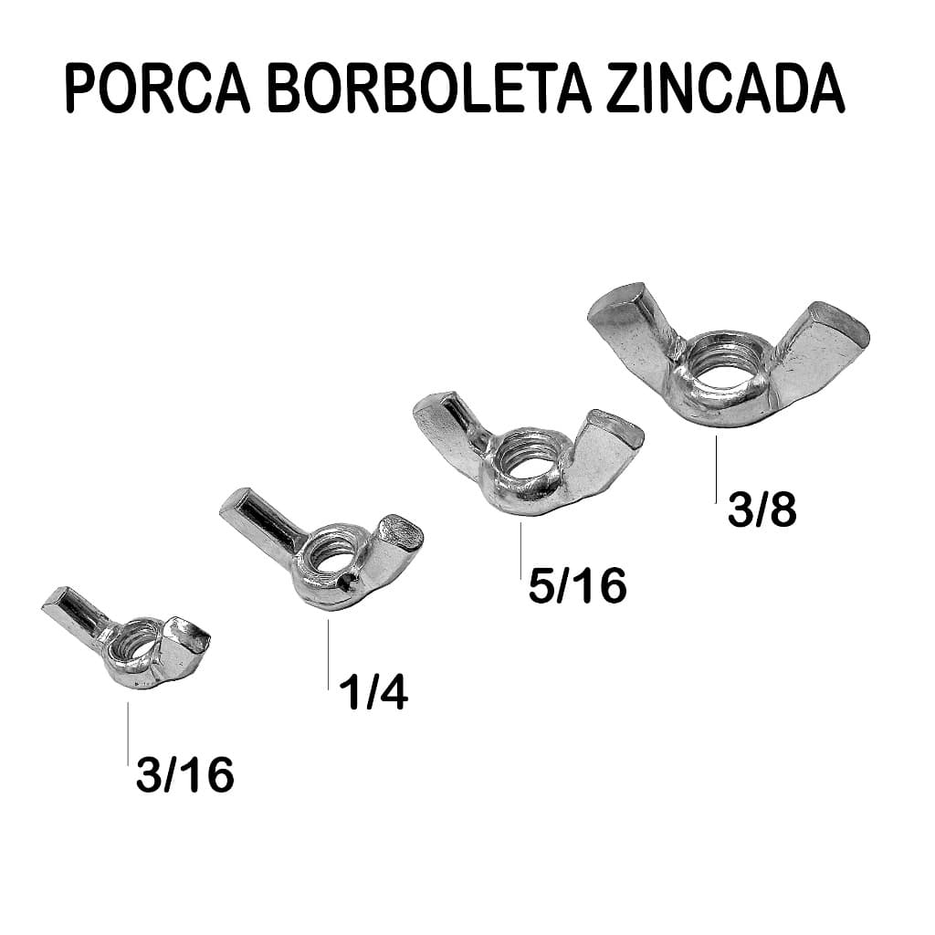 PORCA BORBOLETA ZINCADA ROSCAS - (3/16 - 1/4 - 5/16 - 3/8) - kit 25 UNIDADES.