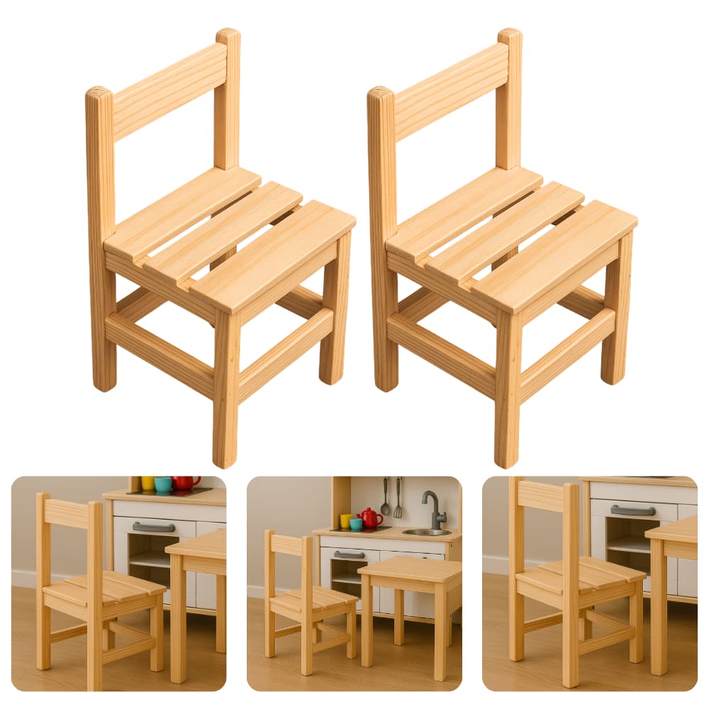 Conjunto 2 Cadeirinhas Madeira Natural Infantil Criança Bebê Unissex Menino Menina