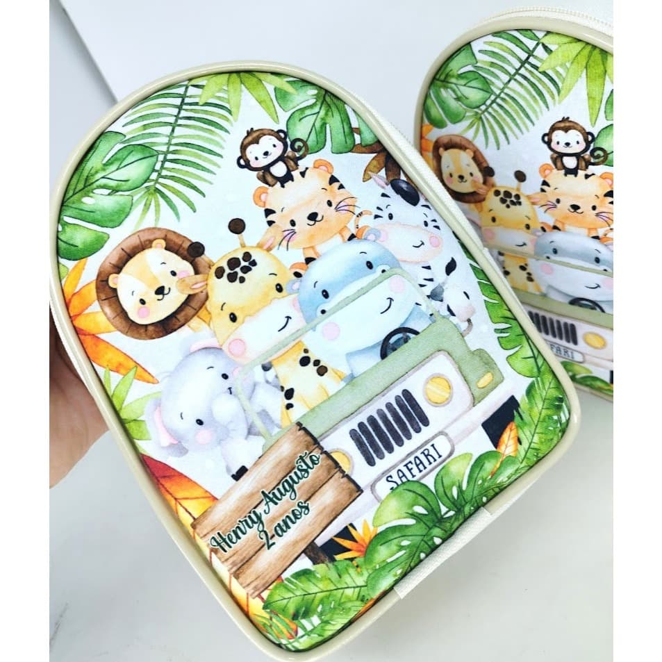 Kit com 10 Mochilinhas Safari, animais, personalizadas, lembrancinha Festa Infantil, bolsas de aniversário.