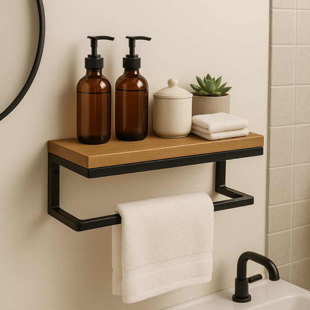 Prateleira Decorativa para Banheiro com Suporte – MDF 15mm e Aço Carbono – Resiste até 15kg