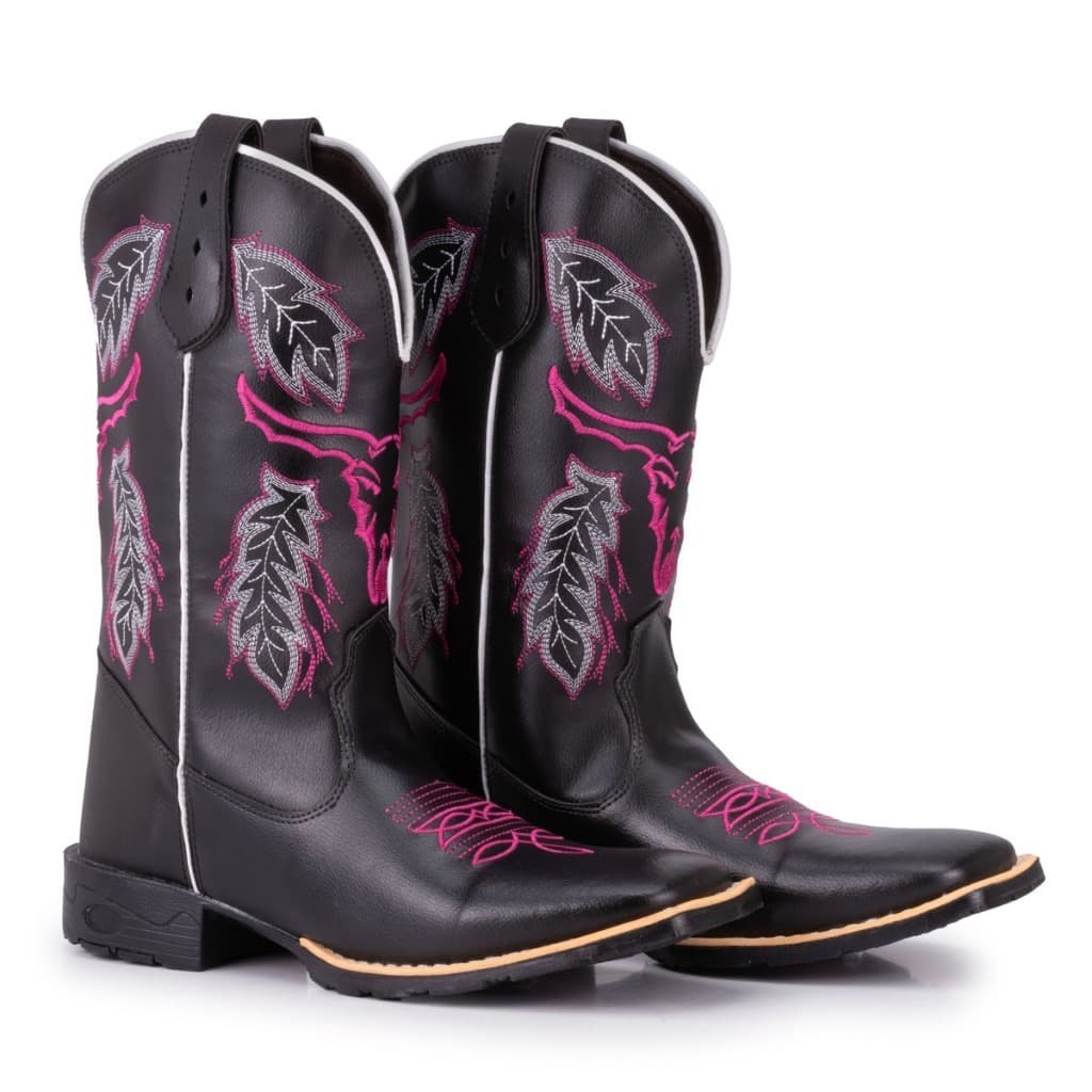 Bota Texana Feminina Country Bico Quadrado Solado Bordado Cara De Boi Black e Pink