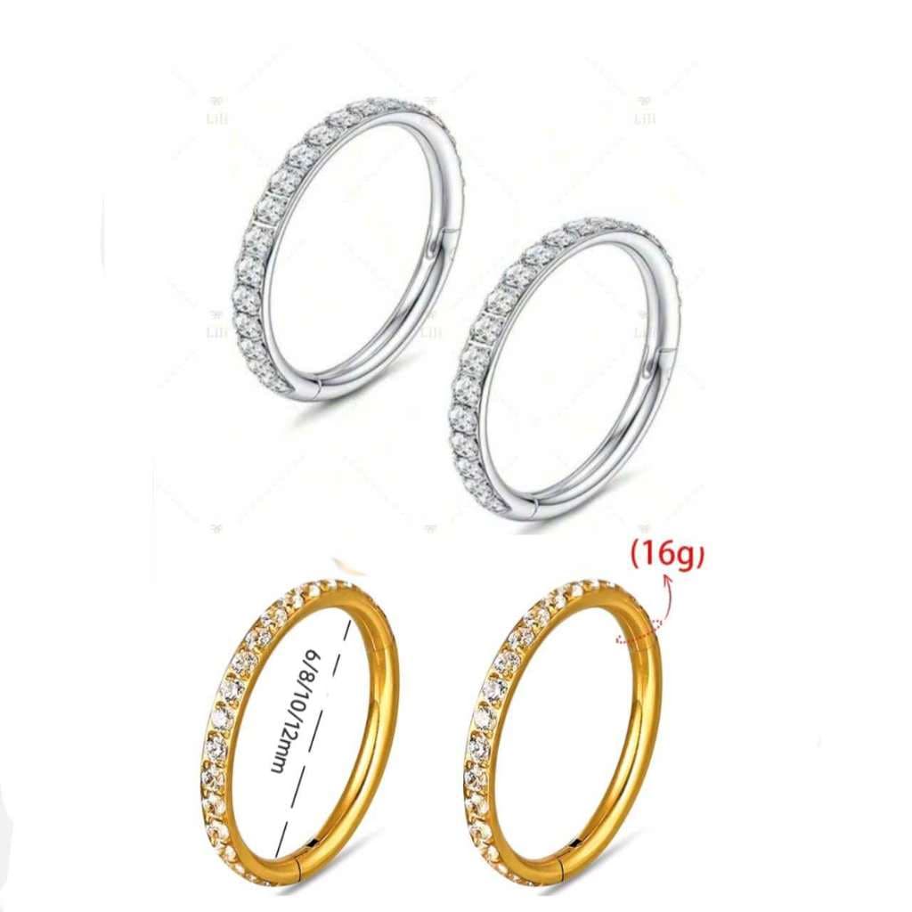 KIT 2 Piercing Argola Clik Aço Cirúrgico Zircônia - Prata/Dourado