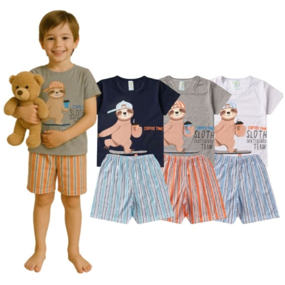 Pijama Infantil Masculino Verão Coffe With Skateboard - Hey Kids - Mescla